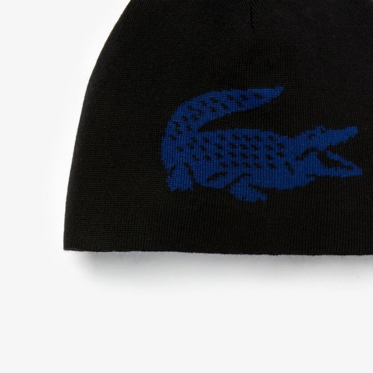 Lacoste Oversized Contrast Crocodile Reversible Wool Beanie Černé Blankyt | OePtEqCa