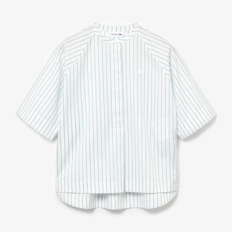 Lacoste Oversized Mao Collar Striped Bavlněné Poplin Blouse Bílé Zelene | W8soNZgT