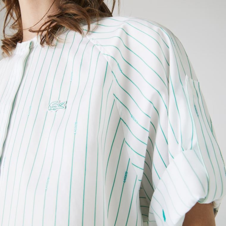 Lacoste Oversized Mao Collar Striped Bavlněné Poplin Blouse Bílé Zelene | W8soNZgT