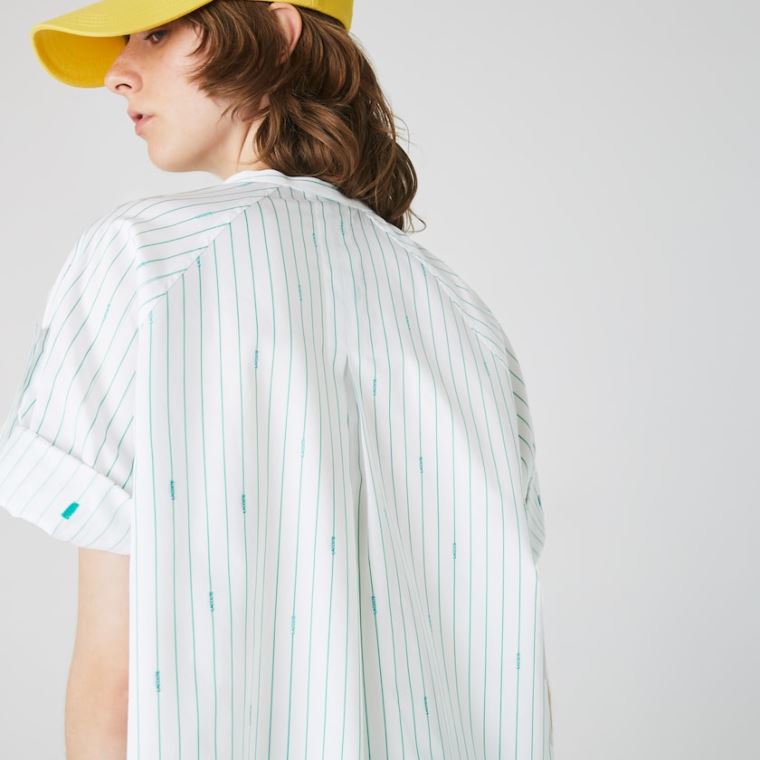 Lacoste Oversized Mao Collar Striped Bavlněné Poplin Blouse Bílé Zelene | W8soNZgT