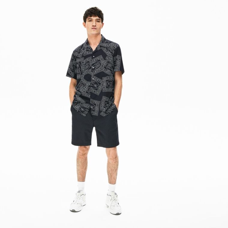 Lacoste Pinstriped Linen- Blend Bermuda Shorts Tmavě Blankyt Blankyt Bílé | TIYromoV