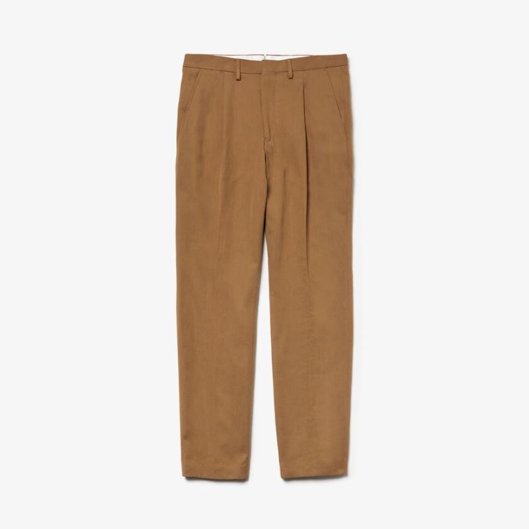 Lacoste Pleated Bavlněné-Linen Chinos Hnědé | 4iXMGL8N