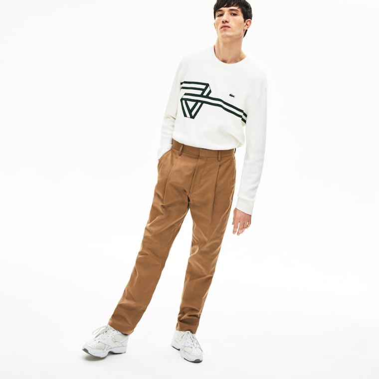 Lacoste Pleated Bavlněné-Linen Chinos Hnědé | 4iXMGL8N