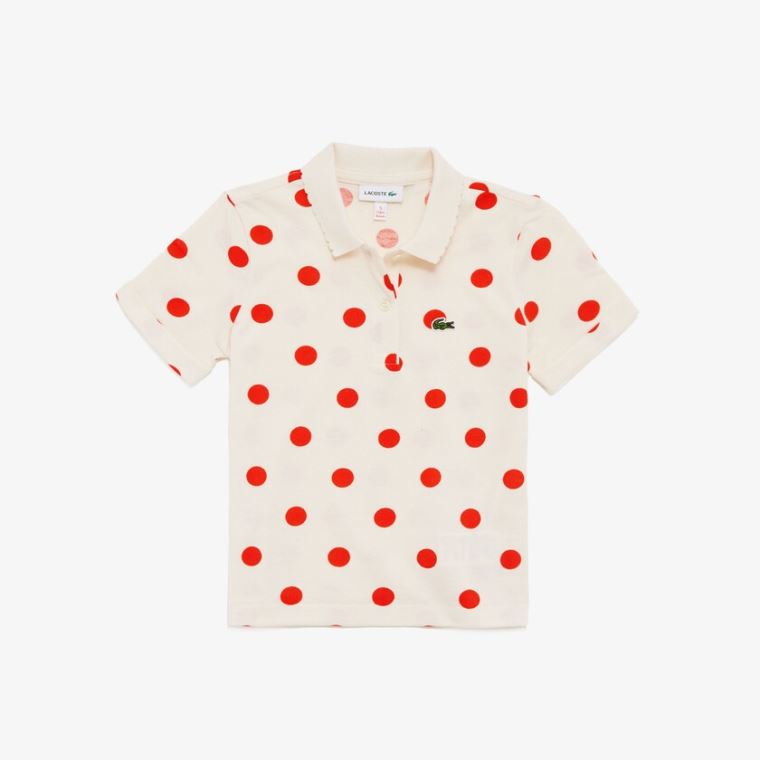 Lacoste Polka Dot Scalloped Collar Bavlněné Petit Piqué Polo Bílé Červené | 5vvKsKOi