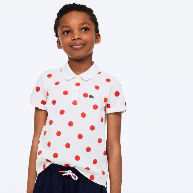 Lacoste Polka Dot Scalloped Collar Bavlněné Petit Piqué Polo Bílé Červené | 5vvKsKOi