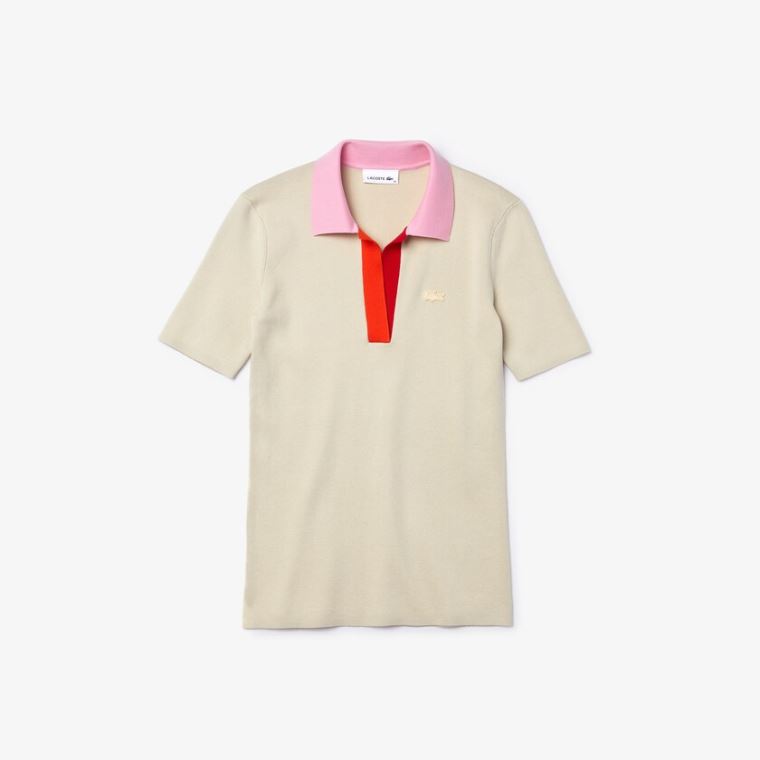 Lacoste Polo Collar Two-Tone Bavlněné Svetrové Béžový Růžové Červené | 96fAQFhX