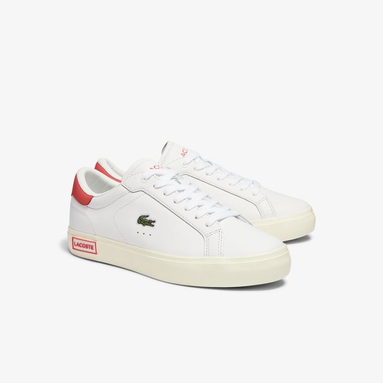 Lacoste Powercourt Læder Popped Heal Sneakers Bílé Béžový | iljLgwRm