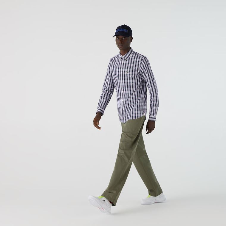 Lacoste Regular Fit Checked Bavlněné Poplin Shirt Tmavě Blankyt Blankyt Bílé Zelene | HYPbvgmd