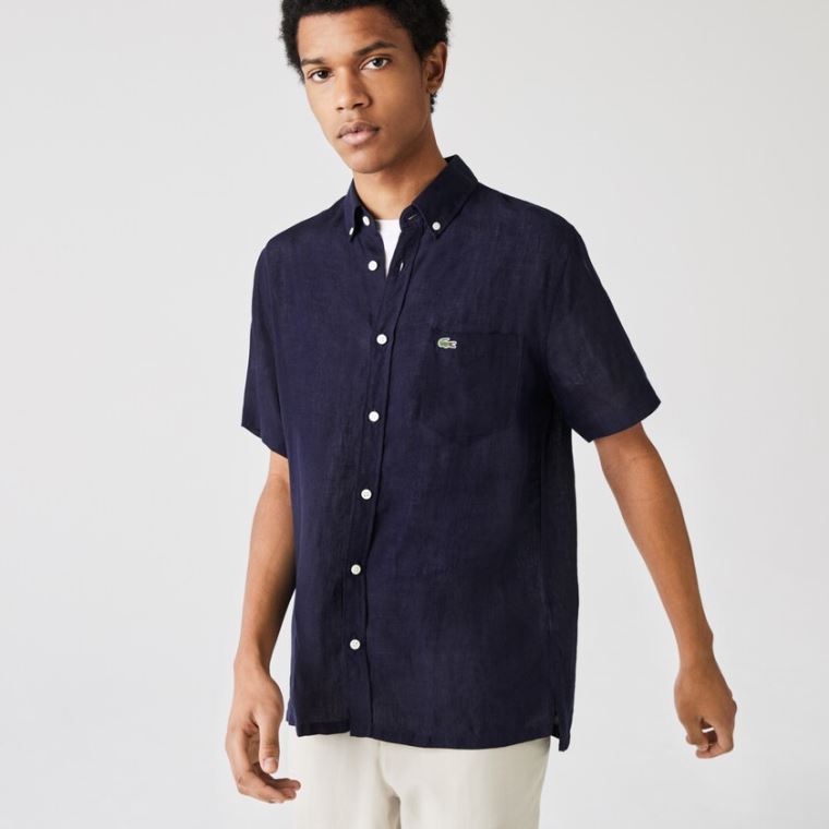 Lacoste Regular Fit Linen Shirt Tmavě Blankyt Blankyt | aWHasMXH