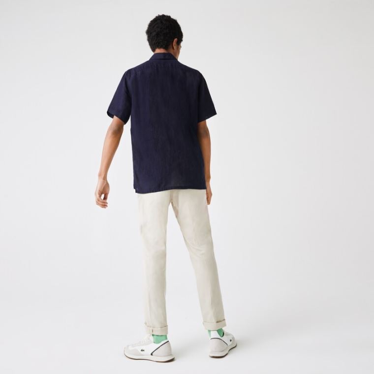 Lacoste Regular Fit Linen Shirt Tmavě Blankyt Blankyt | aWHasMXH