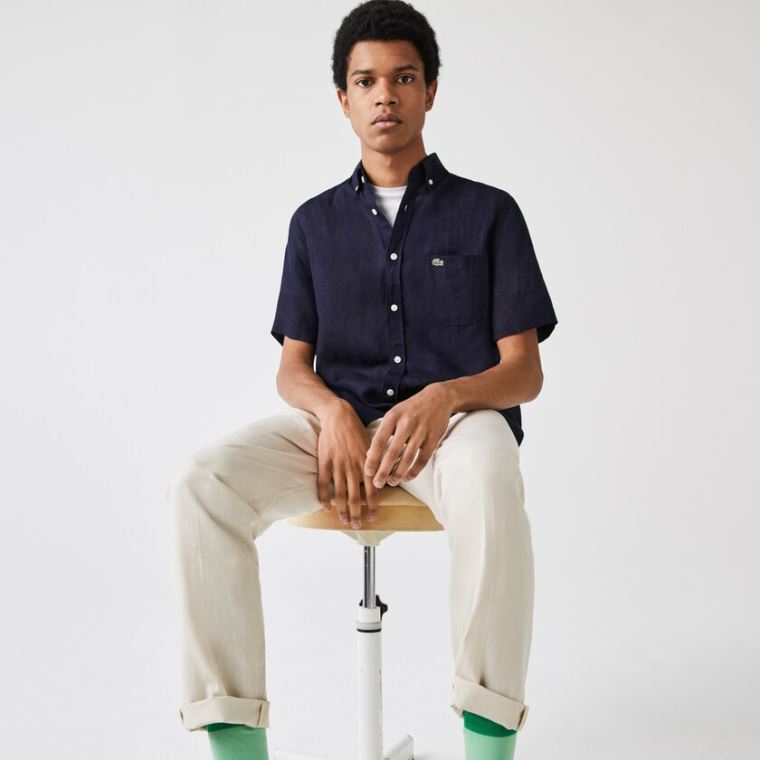 Lacoste Regular Fit Linen Shirt Tmavě Blankyt Blankyt | aWHasMXH