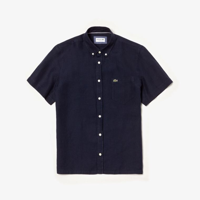 Lacoste Regular Fit Linen Shirt Tmavě Blankyt Blankyt | aWHasMXH