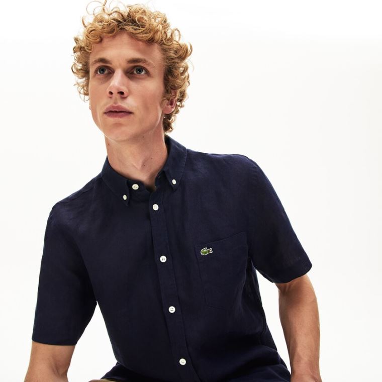 Lacoste Regular Fit Linen Shirt Tmavě Blankyt Blankyt | aWHasMXH