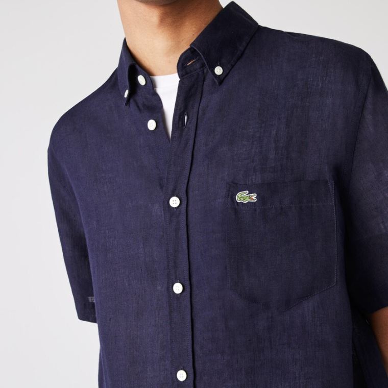 Lacoste Regular Fit Linen Shirt Tmavě Blankyt Blankyt | aWHasMXH