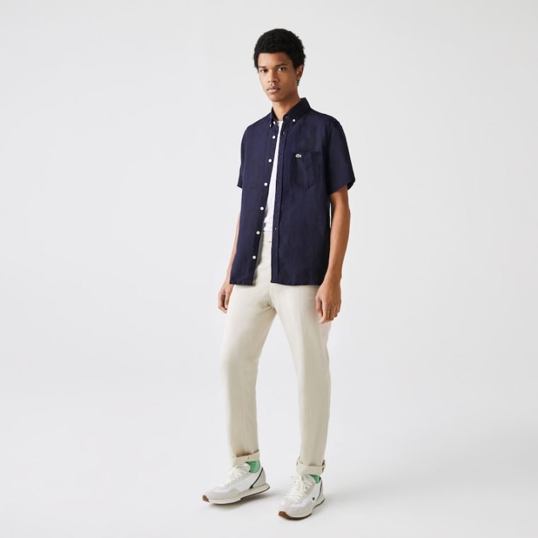 Lacoste Regular Fit Linen Shirt Tmavě Blankyt Blankyt | aWHasMXH