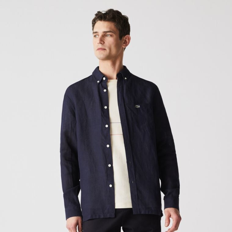 Lacoste Regular Fit Linen Shirt Tmavě Blankyt Blankyt | dJvAx9r6