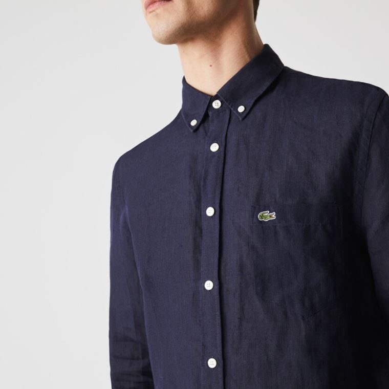 Lacoste Regular Fit Linen Shirt Tmavě Blankyt Blankyt | dJvAx9r6