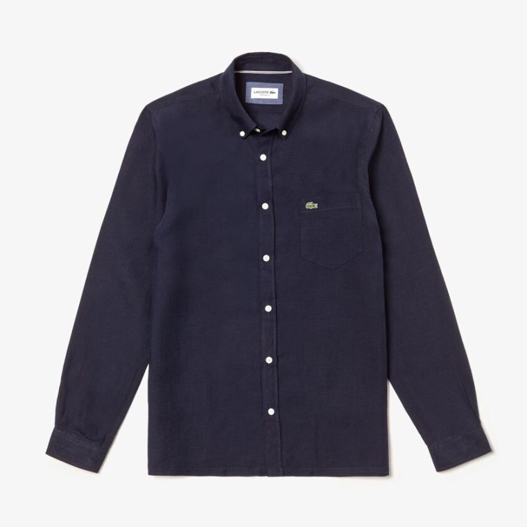 Lacoste Regular Fit Linen Shirt Tmavě Blankyt Blankyt | dJvAx9r6