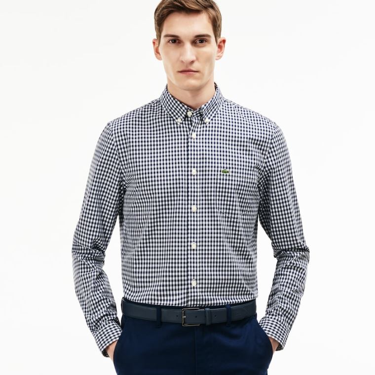 Lacoste Regular Fit Mini Check Poplin Shirt Tmavě Blankyt Blankyt Bílé | UdWoWuOA