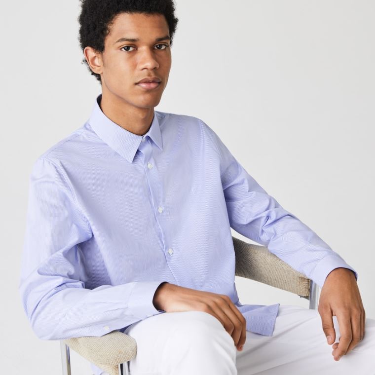 Lacoste Regular Fit Striped Bavlněné Poplin Shirt Bílé Blankyt | gWL3EY0v