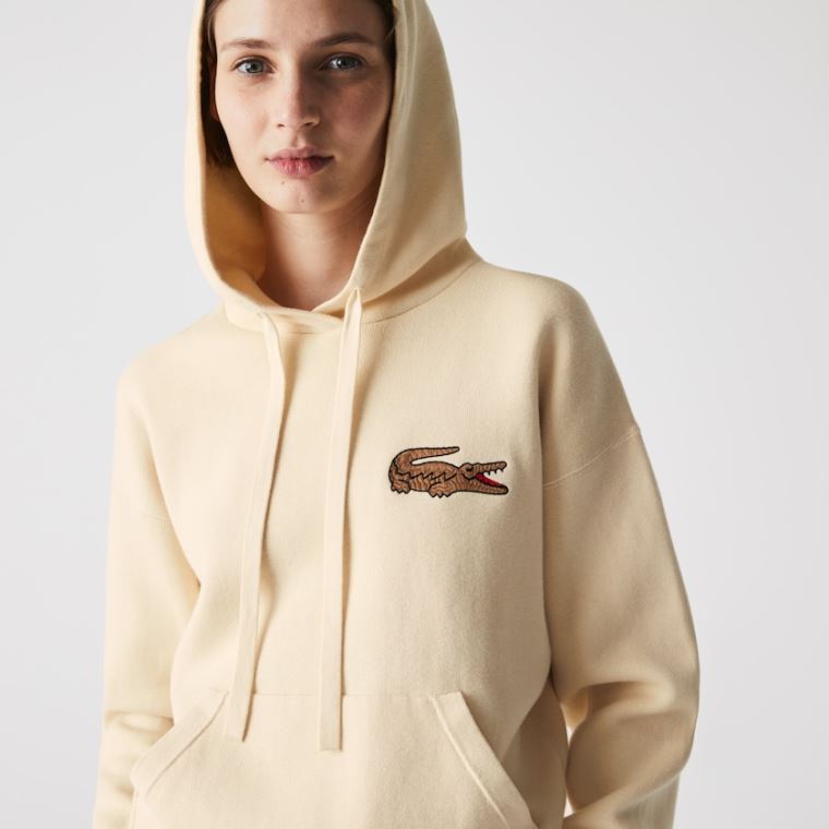 Lacoste Relaxed Embroidered Croc S Kapucí Bavlněné Svetrové Béžový | ff3oHZ7y