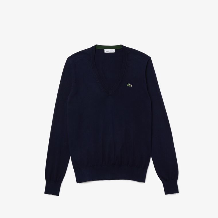 Lacoste Relaxed V-Neck Organic Bavlněné Svetrové Tmavě Blankyt Blankyt | PLPJLwIi