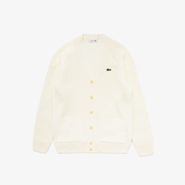 Lacoste Ribbed Wool Blend V-neck Cardigan Bílé | xCafDtQC