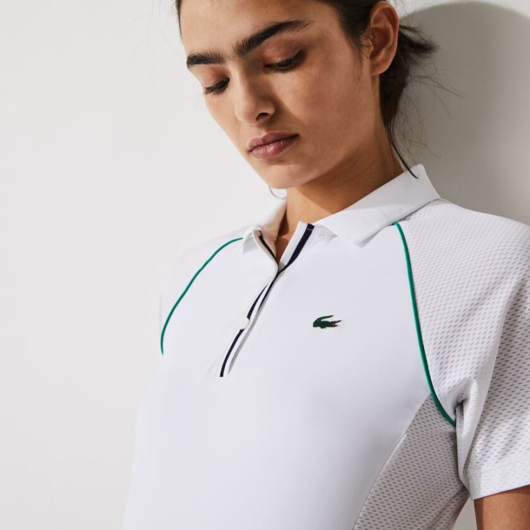 Lacoste SPORT Mixed-Matterial Prodyšný Stretch Tenisové Polo Bílé Zelene Tmavě Blankyt Blankyt | 5EfSfFQ8