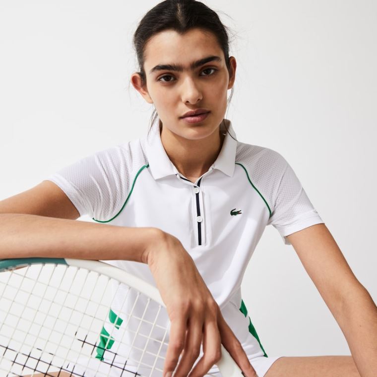 Lacoste SPORT Mixed-Matterial Prodyšný Stretch Tenisové Polo Bílé Zelene Tmavě Blankyt Blankyt | 5EfSfFQ8