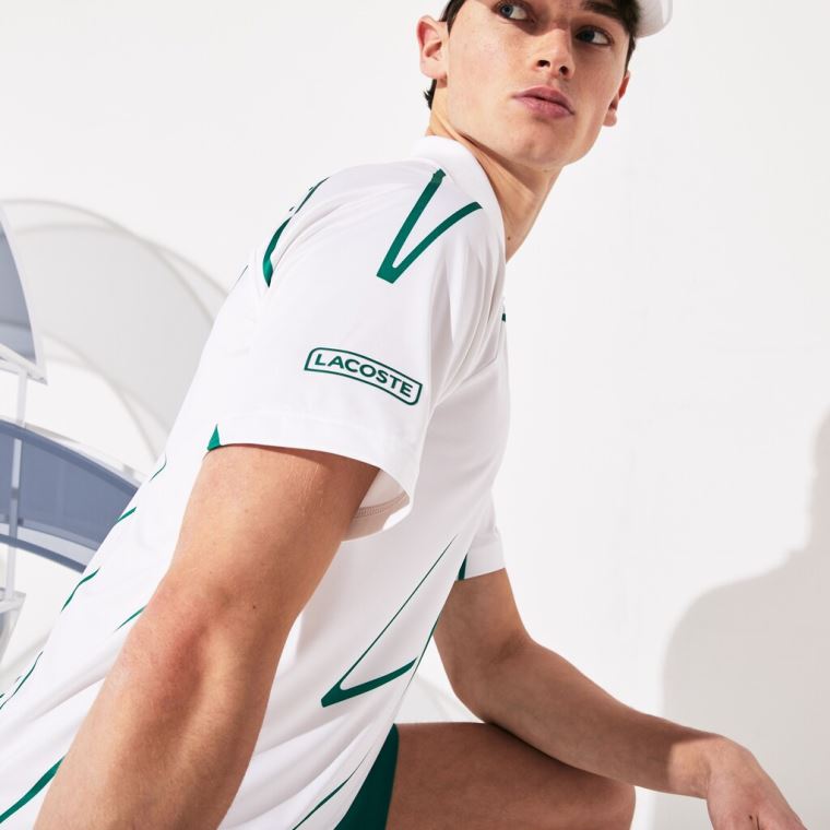 Lacoste SPORT Novak Djokovic Printed Prodyšný Polo Shirt Bílé Zelene | cvtQqBEX