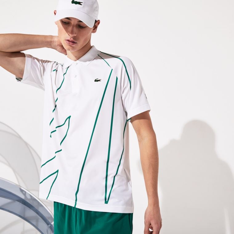 Lacoste SPORT Novak Djokovic Printed Prodyšný Polo Shirt Bílé Zelene | cvtQqBEX