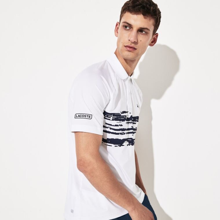 Lacoste SPORT Novak Djokovic Stretch Print Jersey Polo Bílé Tmavě Blankyt Blankyt | bgcsdObJ