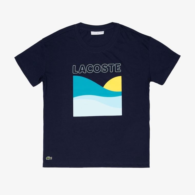 Lacoste SPORT Printed Tenisové T-Shirt Tmavě Blankyt Blankyt Bílé | BwGuU2AU