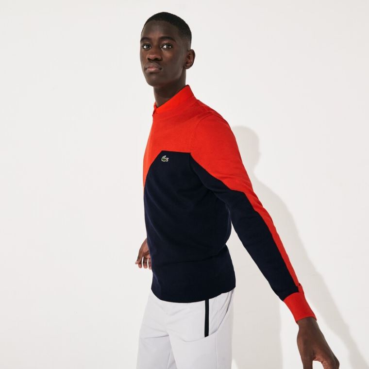 Lacoste SPORT Prodyšný Knit Crew Neck Golfové Svetrové Červené Tmavě Blankyt Blankyt | 3PAJxJaZ