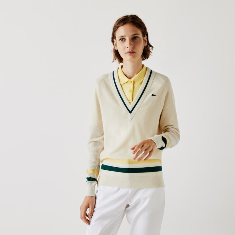 Lacoste SPORT Recycled Cashmere V-neck Golfové Svetrové Bílé Žluté Zelene | 2cdjY5l3