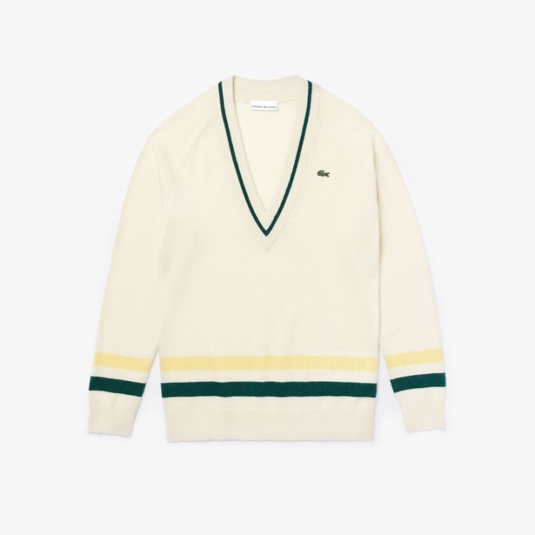 Lacoste SPORT Recycled Cashmere V-neck Golfové Svetrové Bílé Žluté Zelene | 2cdjY5l3