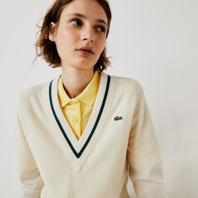 Lacoste SPORT Recycled Cashmere V-neck Golfové Svetrové Bílé Žluté Zelene | 2cdjY5l3