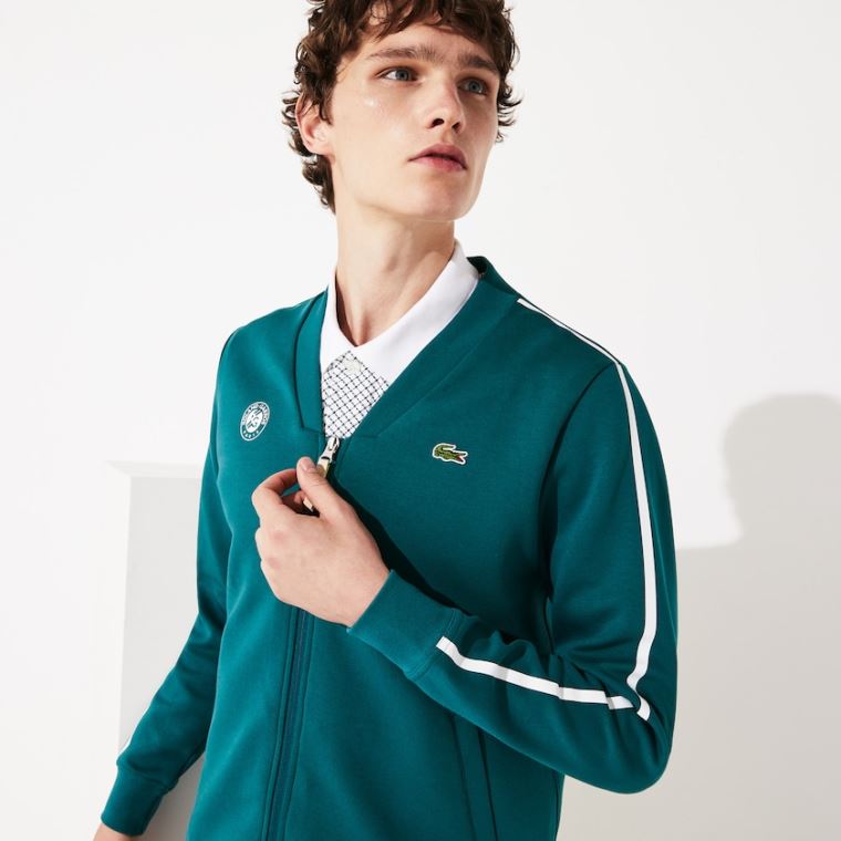 Lacoste SPORT Roland Garros V-Neck Zip Sweatshirt Zelene Bílé Červené | 2Hc1zids