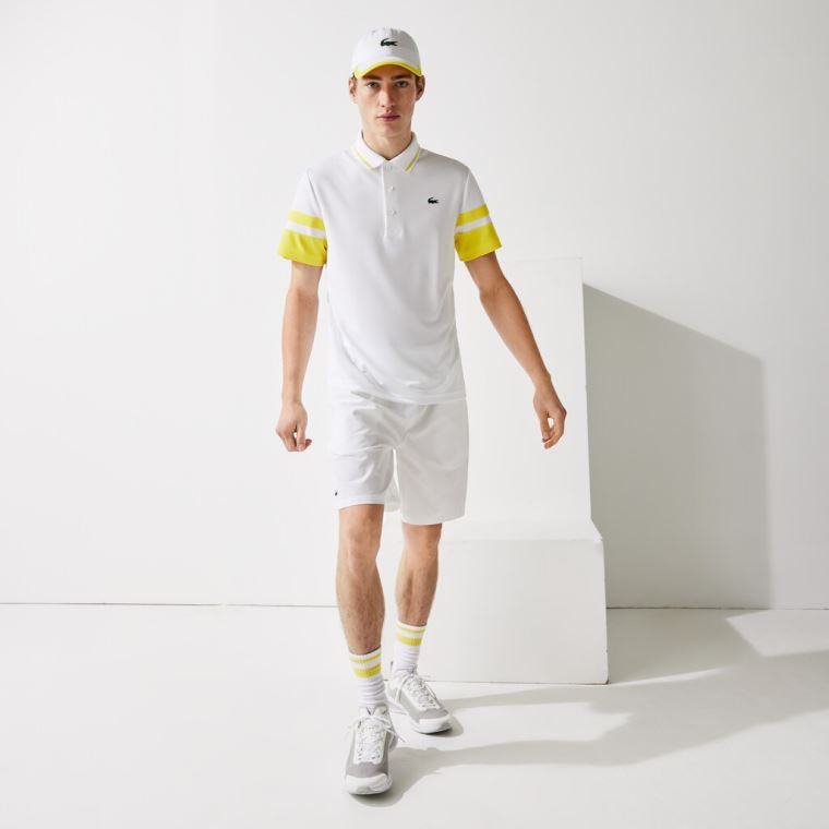 Lacoste SPORT Striped-Sleeve Prodyšný Piqué Tenisové Polo Shirt Bílé Žluté | Ikh8rnQK