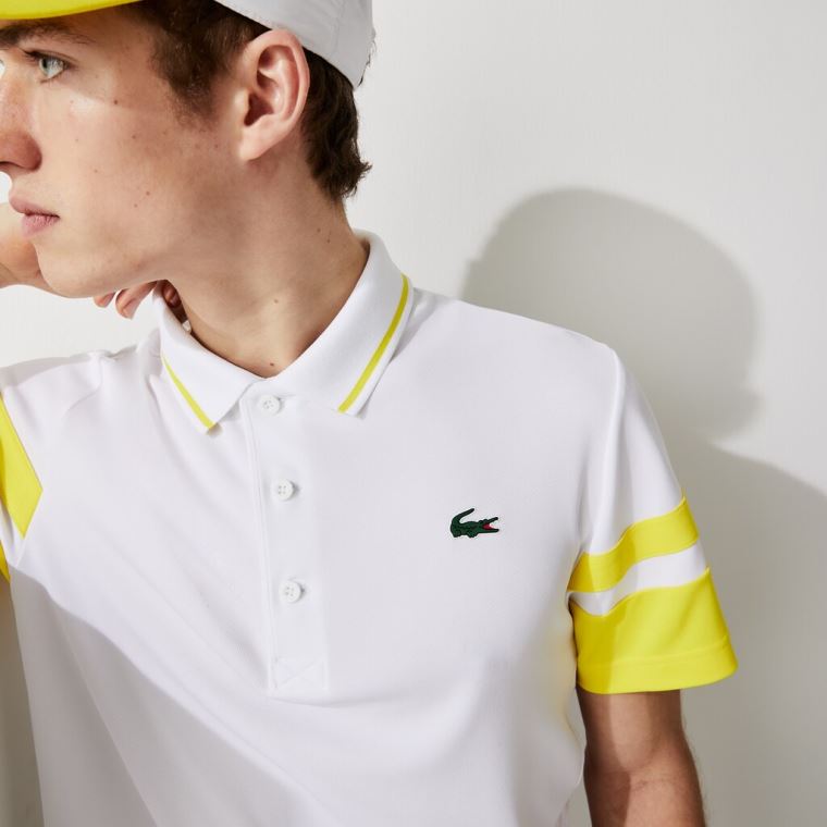 Lacoste SPORT Striped-Sleeve Prodyšný Piqué Tenisové Polo Shirt Bílé Žluté | Ikh8rnQK