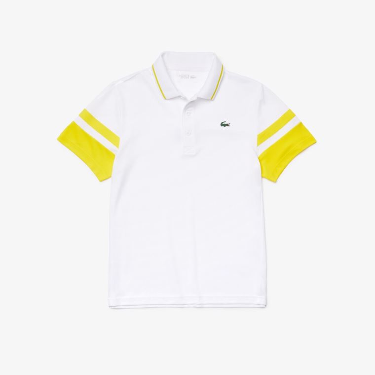 Lacoste SPORT Striped-Sleeve Prodyšný Piqué Tenisové Polo Shirt Bílé Žluté | Ikh8rnQK