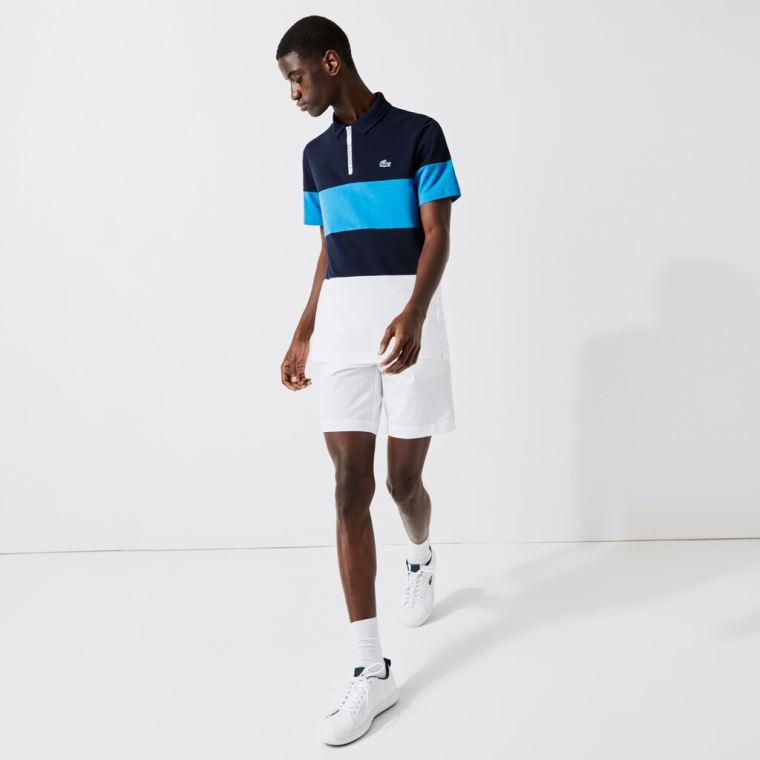 Lacoste SPORT Striped Stretch Piqué Zip-Up Golfové Polo Shirt Tmavě Blankyt Blankyt Blankyt Bílé | snyO6HA2