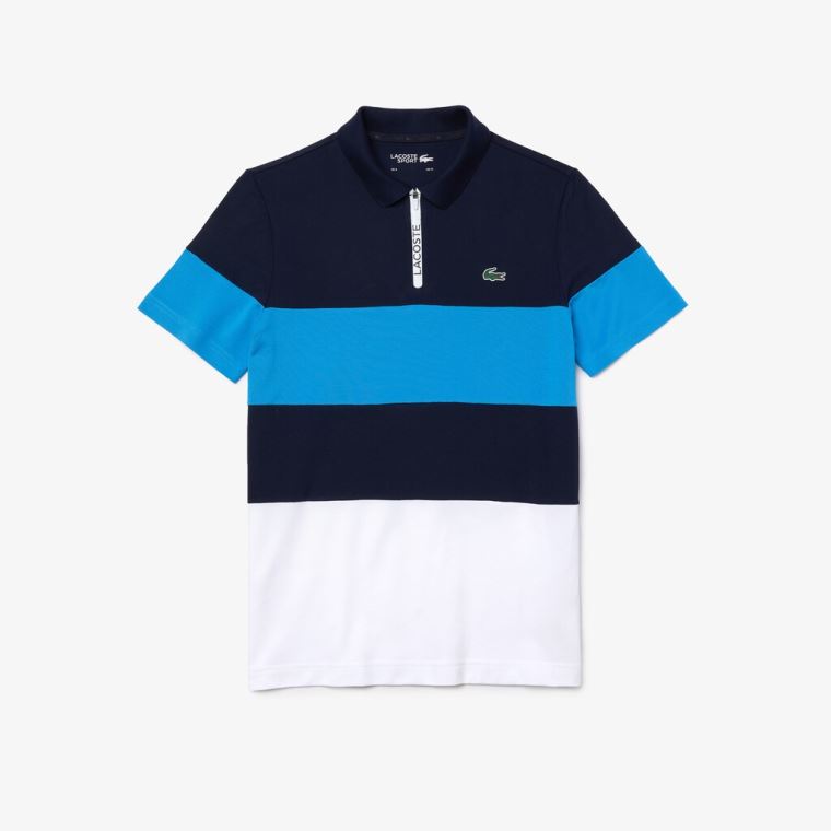 Lacoste SPORT Striped Stretch Piqué Zip-Up Golfové Polo Shirt Tmavě Blankyt Blankyt Blankyt Bílé | snyO6HA2