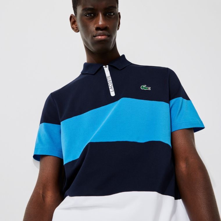 Lacoste SPORT Striped Stretch Piqué Zip-Up Golfové Polo Shirt Tmavě Blankyt Blankyt Blankyt Bílé | snyO6HA2