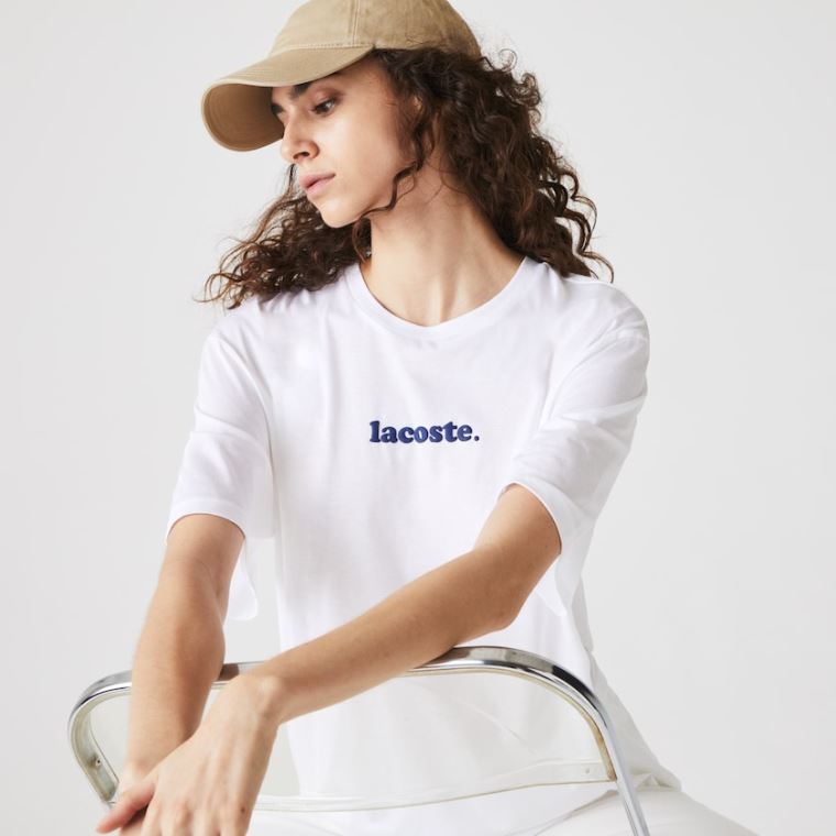 Lacoste Signature Printed Crew Neck Bavlněné T-shirt Bílé Tmavě Blankyt Blankyt | Q1gxqjKR