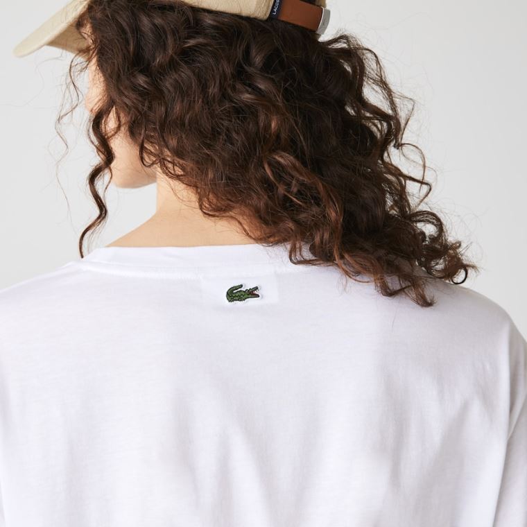 Lacoste Signature Printed Crew Neck Bavlněné T-shirt Bílé Tmavě Blankyt Blankyt | Q1gxqjKR