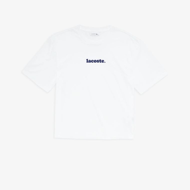 Lacoste Signature Printed Crew Neck Bavlněné T-shirt Bílé Tmavě Blankyt Blankyt | Q1gxqjKR