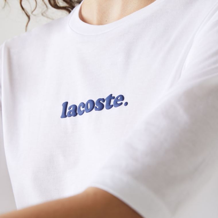 Lacoste Signature Printed Crew Neck Bavlněné T-shirt Bílé Tmavě Blankyt Blankyt | Q1gxqjKR