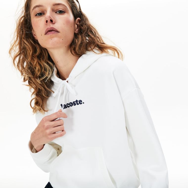 Lacoste Signature Široké S Kapucí Fleece Sweatshirt Bílé | nuKM8IQh