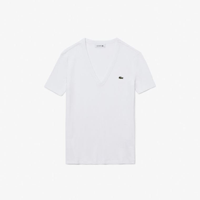 Lacoste Soft Bavlněné V-Neck T-shirt Bílé | 9Ye9ghlZ